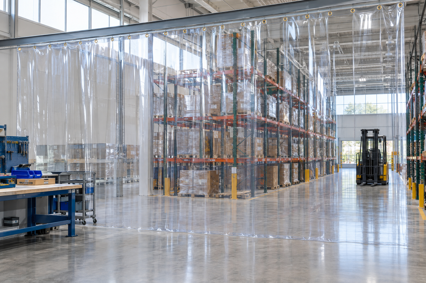 Clear vinyl industrial curtain dividing a warehouse work area from pallet racking