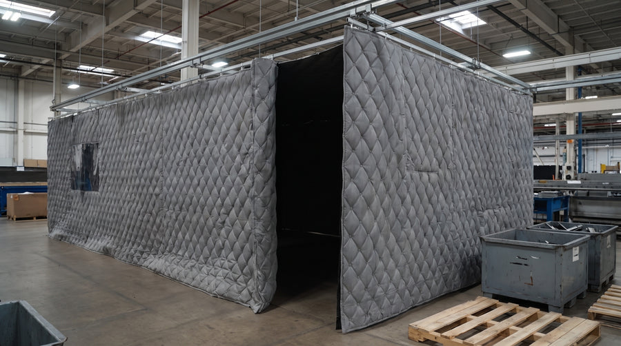 Four-sided acoustic curtain enclosure around industrial machinery