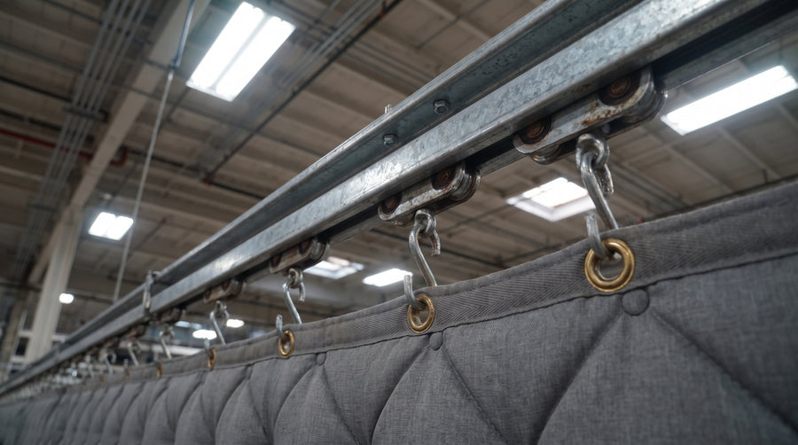 Track and roller hardware carrying the curtain panels