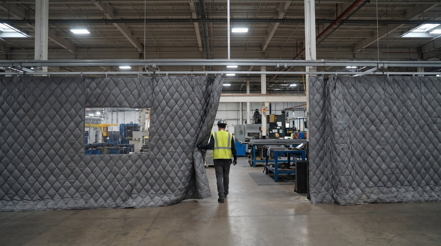 Acoustic curtain dividing a manufacturing floor into two zones