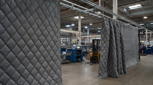 Industrial soundproof curtain drawn partially open along its overhead roller track, opening access to a machining bay