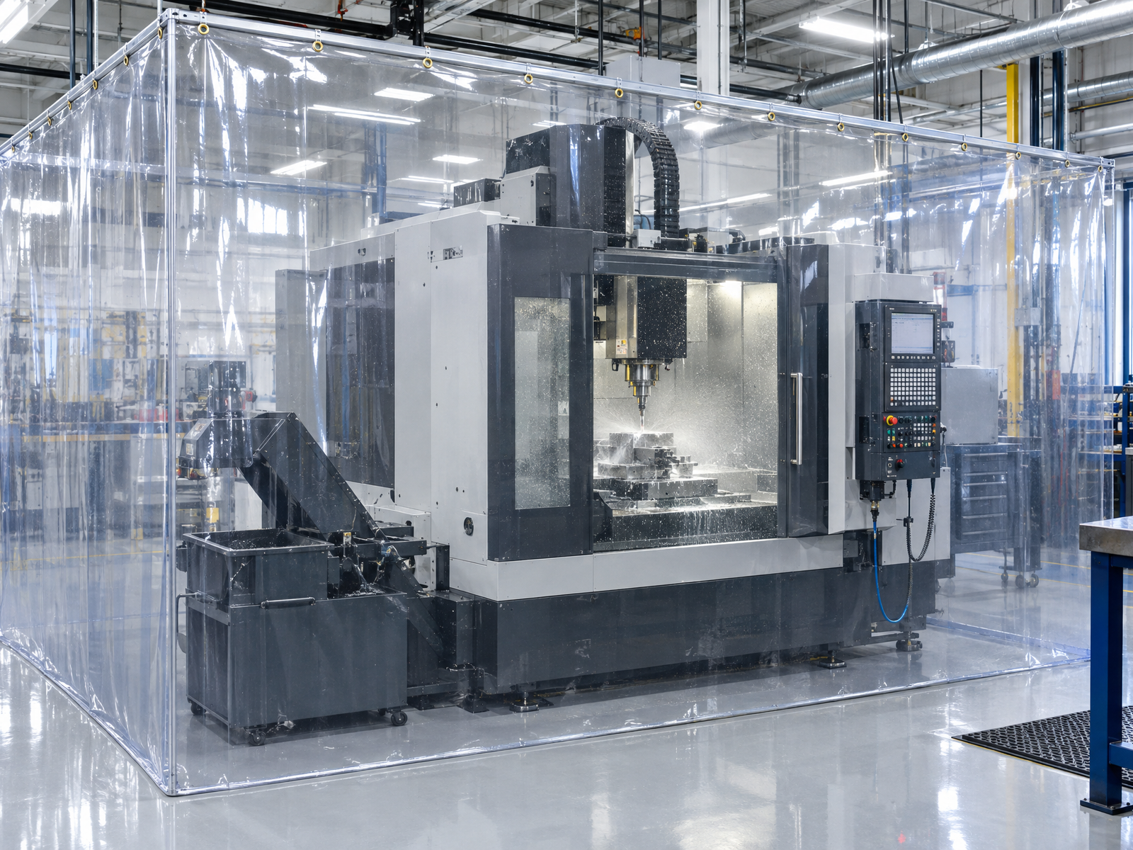Clear vinyl curtains enclosing a CNC machine to contain coolant mist